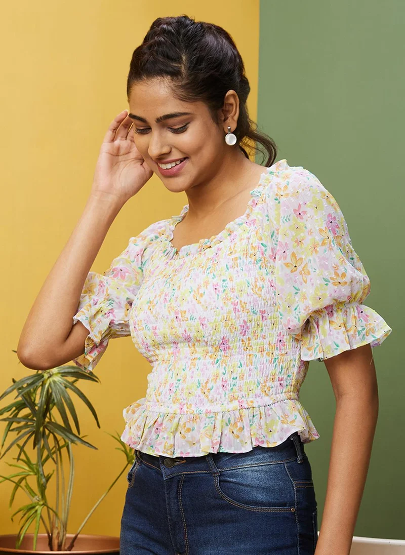 globus Globus Women Off White Floral Printed Scoop Neck Puff Sleeve Smocked Georgette Top